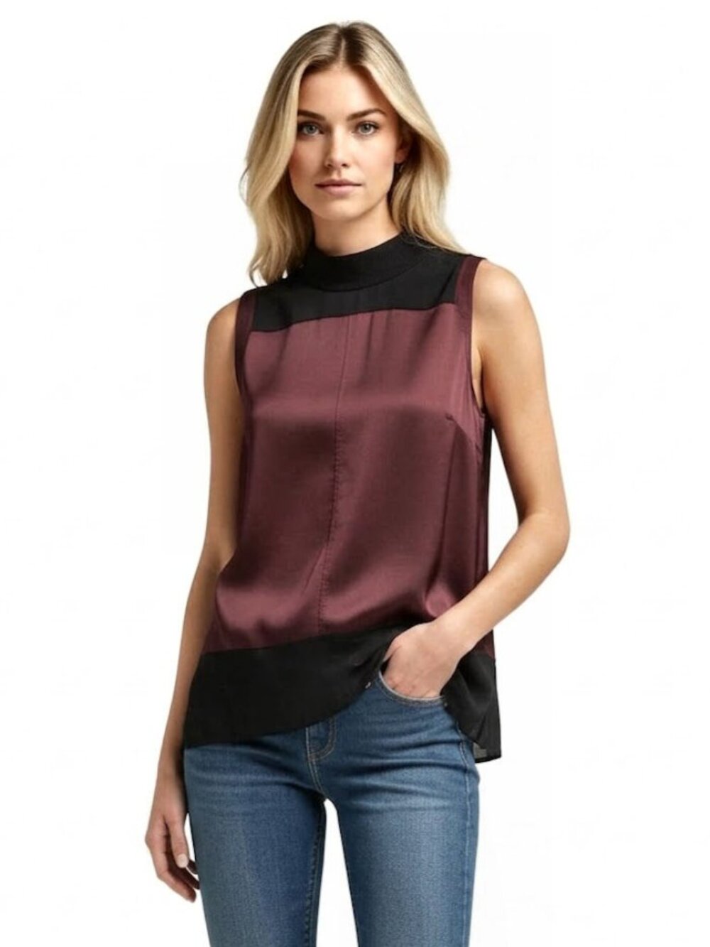 Rag & Bone Vivienne Sleeveless Mixed Media Top, Port & Black, Womens Size Medium